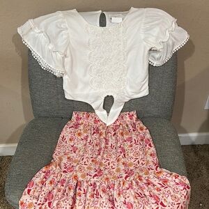 Rare Editions White Top and Pink Floral Skirt